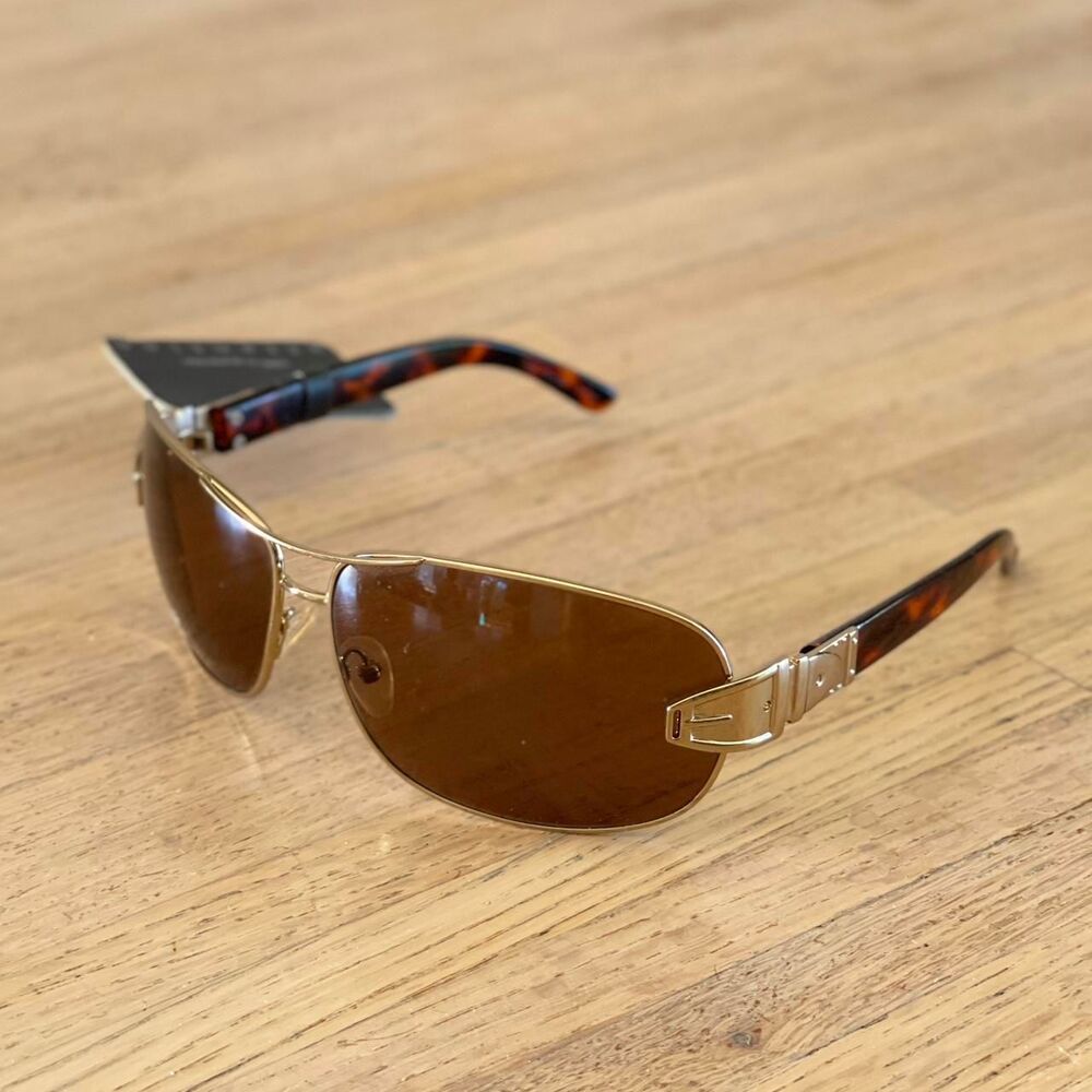 NWT Vintage Y2K Aviator Sunglasses Gold & Brown Gradient Tortoiseshell Arms - Picture 2 of 8